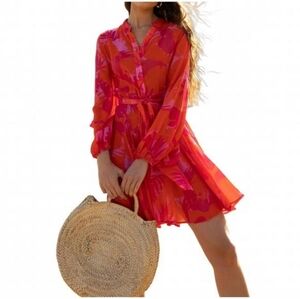 CHOKLATE PARIS Sonia Skater Mini Dress Women's Large Fuchsia Coral Silk